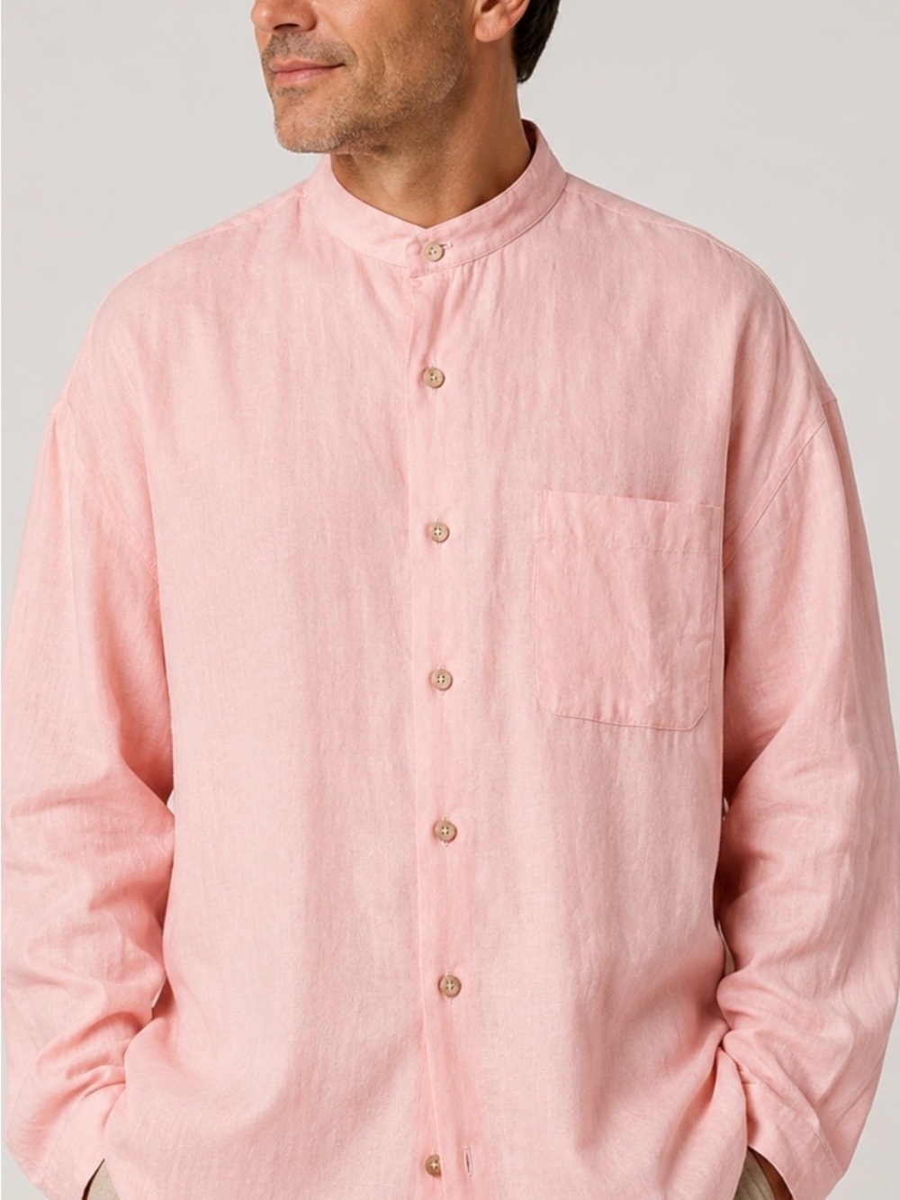 Men's Pink Paul Frederick Pure Linen Shirt XL Banded Collar